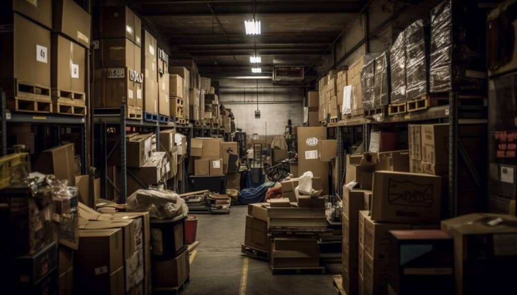 Entrepôt rempli de cartons et d’archives à évacuer