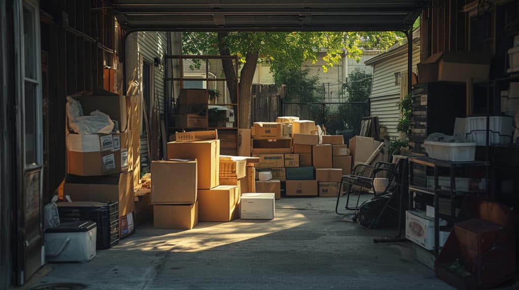 Local avec cartons et mobilier à débarrasser
